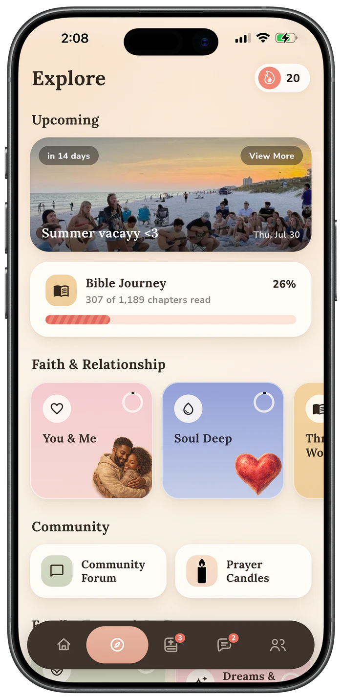 Godly Couples Explore screen with a Bible journey and faith activities for couples