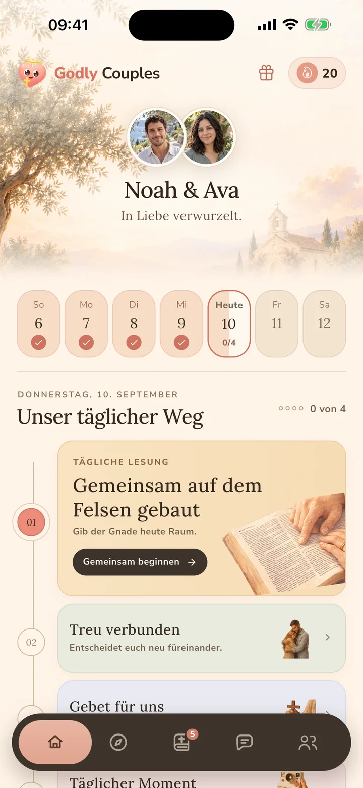 Startbildschirm von Godly Couples mit gemeinsamem Bibellesen, Gebet und täglichen Beziehungsfragen
