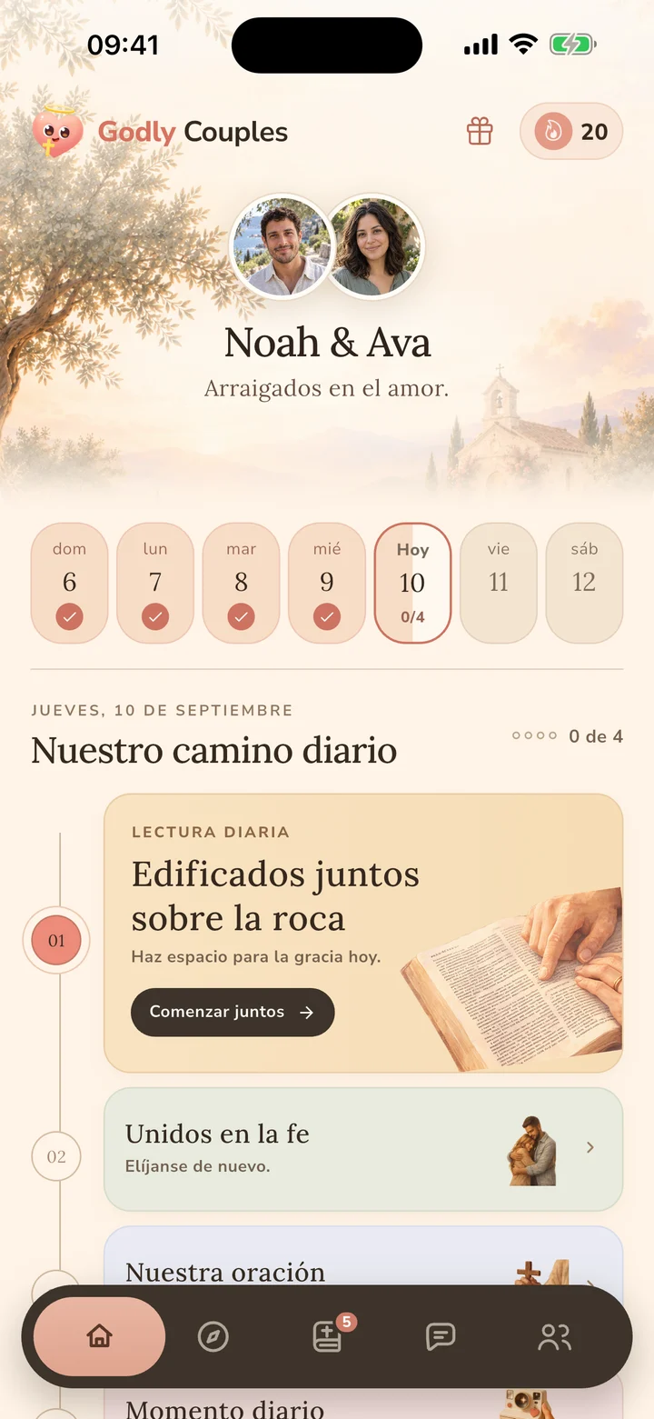 Pantalla de inicio de Godly Couples con lectura bíblica, oración y preguntas diarias para parejas