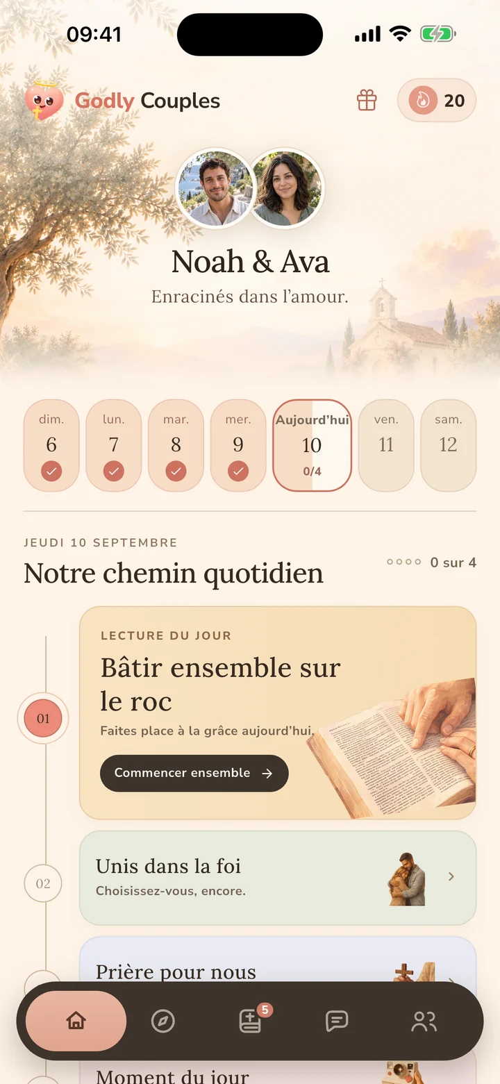 Écran d’accueil de Godly Couples avec lecture biblique, prière et questions quotidiennes pour couples