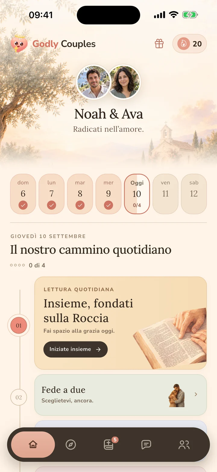 Schermata iniziale di Godly Couples con lettura biblica condivisa, preghiera e domande quotidiane per la coppia