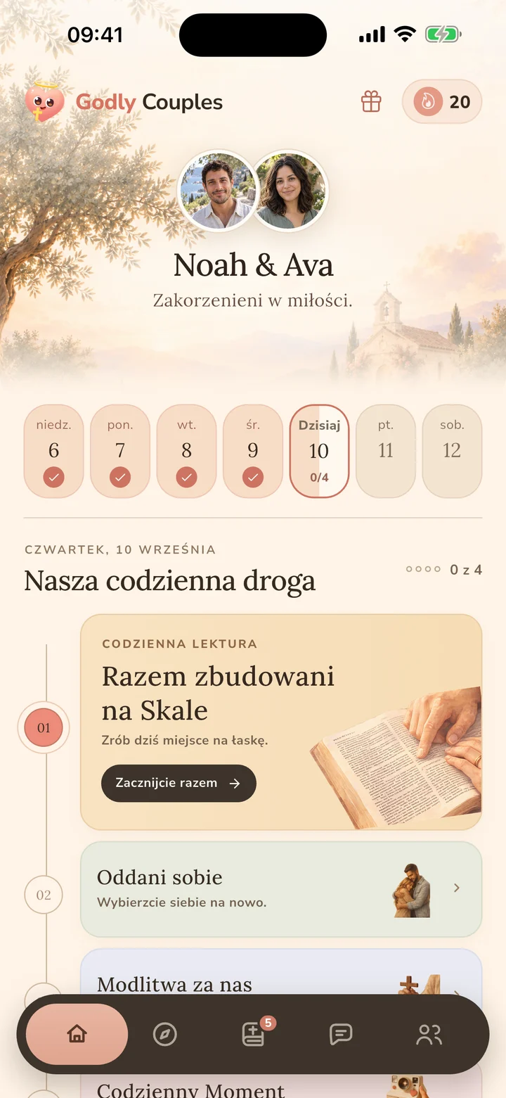 Ekran główny Godly Couples ze wspólną lekturą Biblii, modlitwą i codziennymi pytaniami o relację