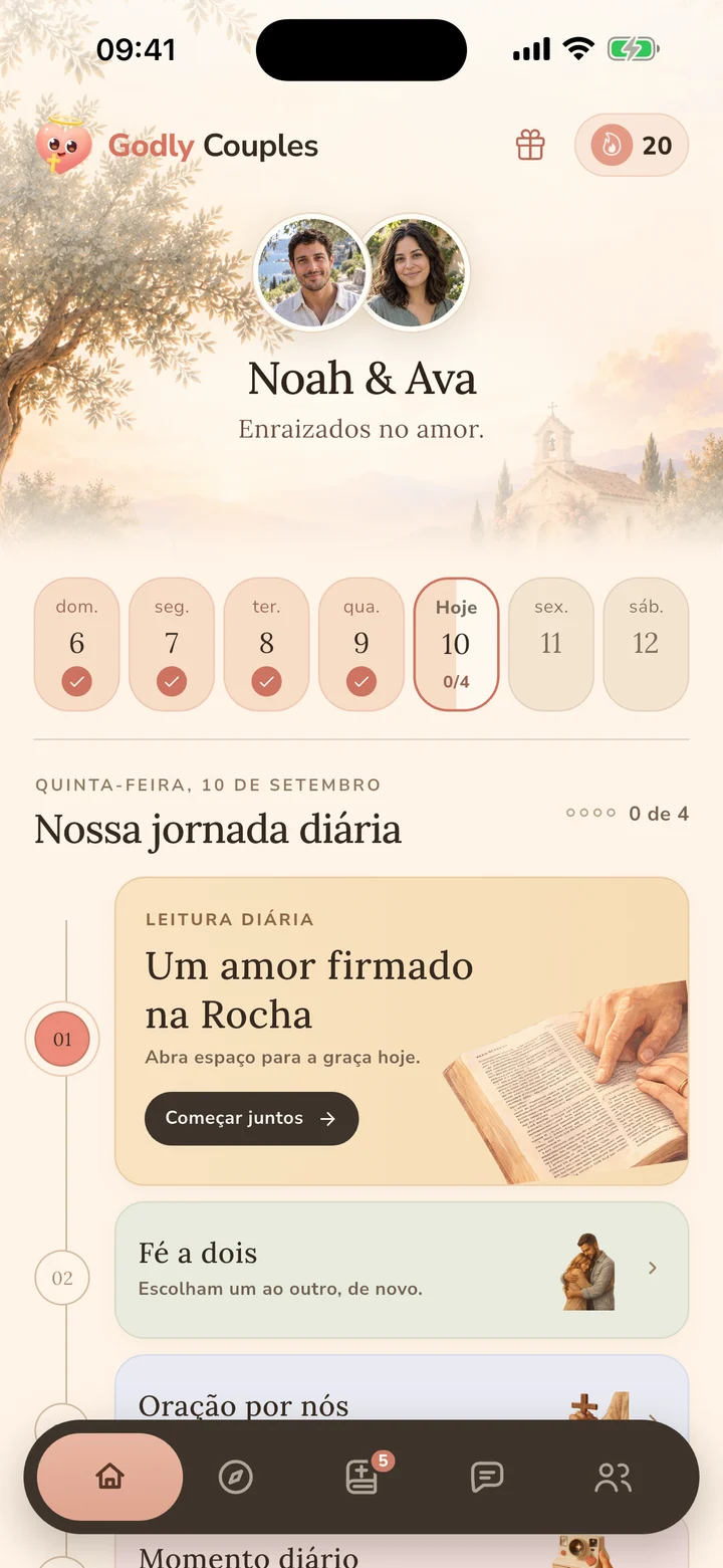 Tela inicial do Godly Couples com leitura bíblica, oração e perguntas diárias para casais