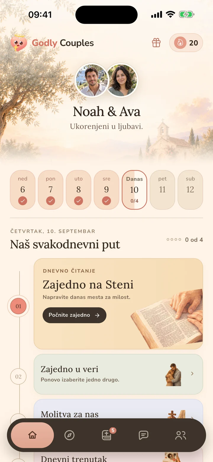 Početni ekran aplikacije Godly Couples sa zajedničkim čitanjem Biblije, molitvom i dnevnim pitanjima za parove